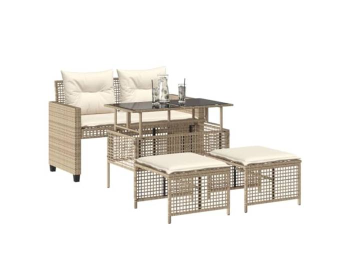 KTHLBRH Gartenmöbel-Set, 4-teilig, aus Polyrattan, Beige Couchtisch mit Tischplatte aus gehärtetem Glas, Kissen waschbar, wetterfest