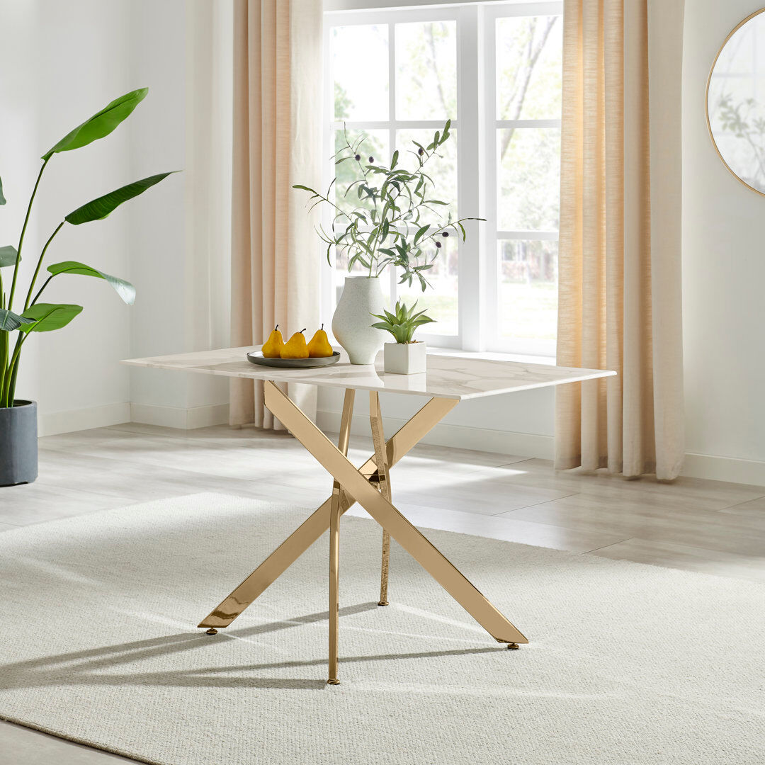 Canora Grey Lenworth Luxury Marble Effect Glass 4 Seater Dining Table - Modern Statement Design Gold/White