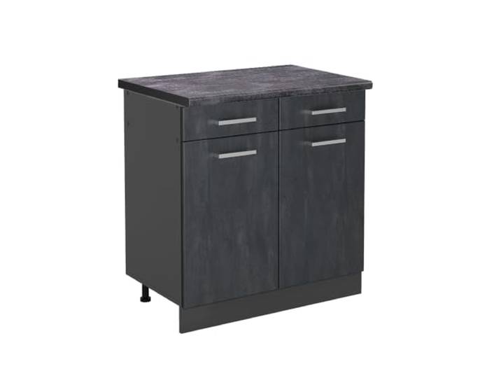 Vicco Küchenunterschrank R-Line, Schwarz Beton, 80 cm 2 Schubladen · Arbeitsplatte Anthrazit · Höhenverst. Füße · 2 Türen · Leichter Zugriff