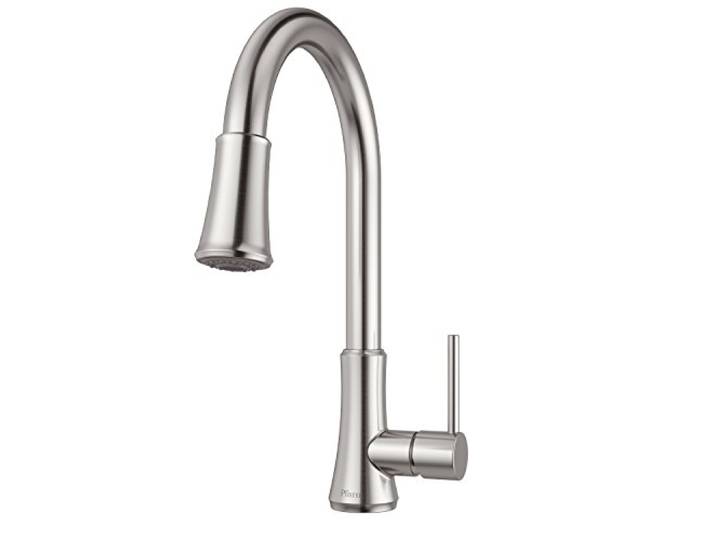 Pfister Pfirst Series Küchenarmatur mit herausziehbarem Sprühkopf, Einzelgriff, hoher Bogen, Edelstahl-Finish, G529PF2S