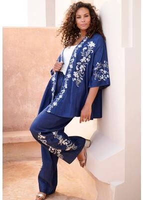 Plus Size Women's Plus Size Embroidered Pull-On Wide-Leg Chambray Pant by Roaman's in Dark Vine Embroidery (Size 14 W)
