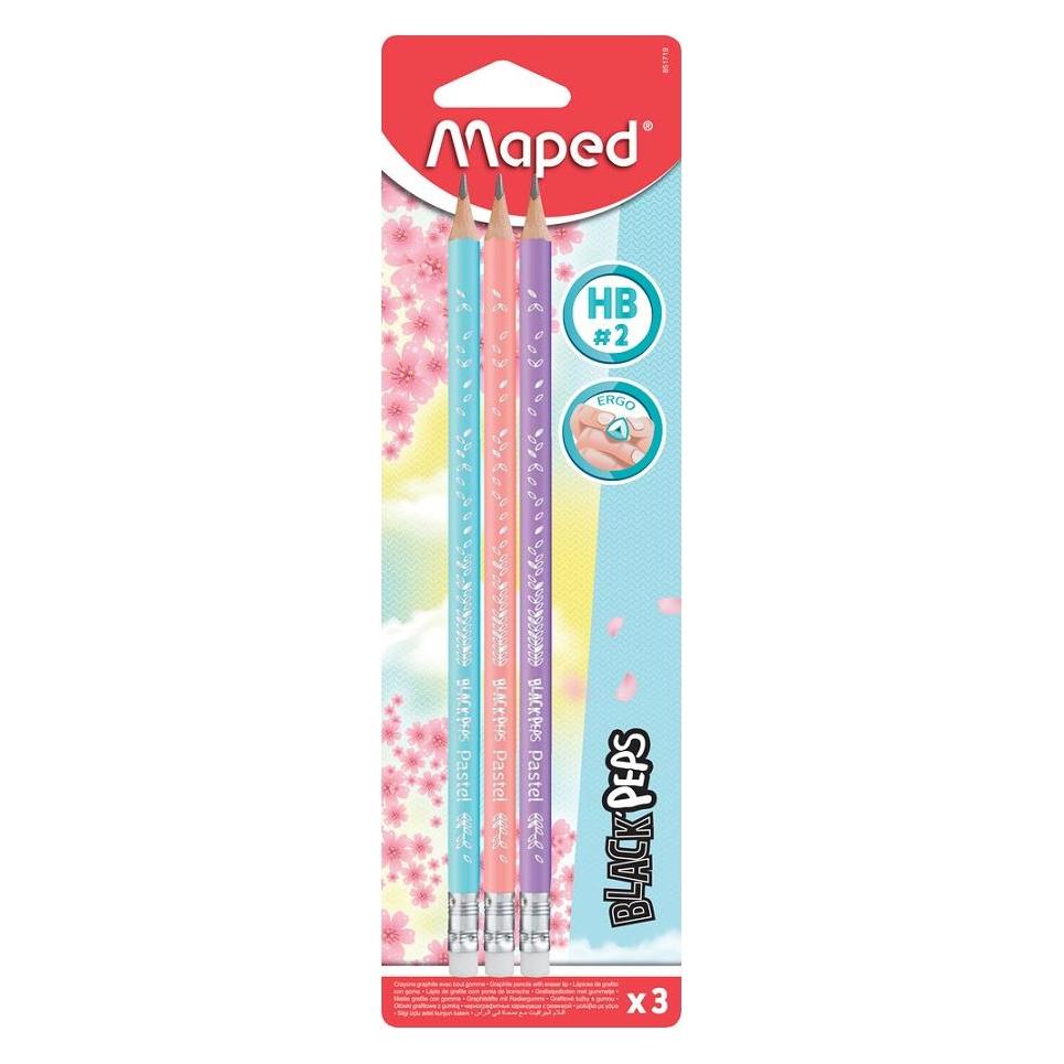 Maped BLACK'PEPS Bleistifte HB rose, hellblau, flieder mit Radierer 3 St. (HB, 3x) (851719)