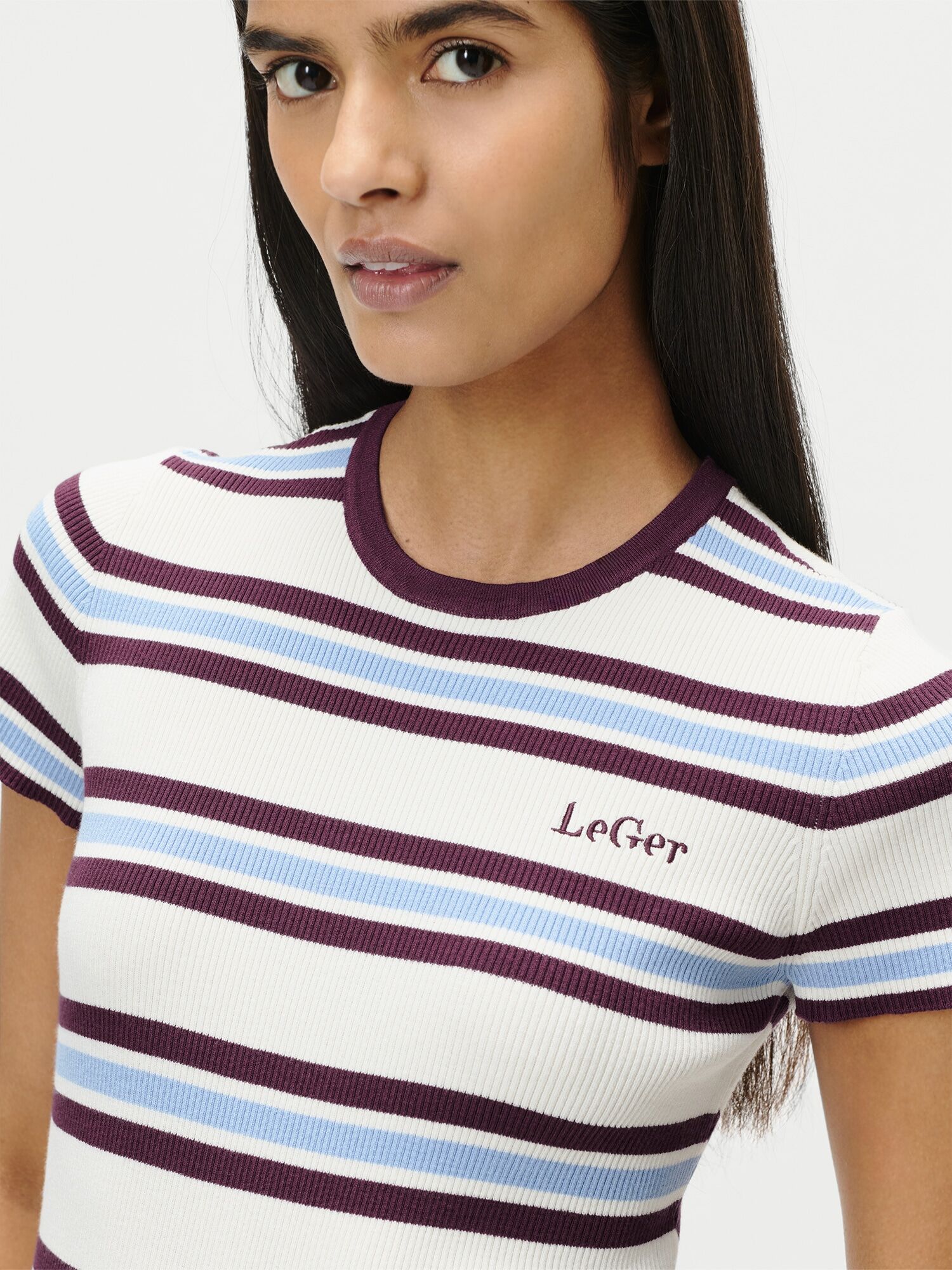 T-Shirt LEGER "Danielle, LeGer by Lena Gercke", Damen, Gr. 36, blau gestreift, Rippware, Obermaterial: 75% Viskose, 25% Polyester, Rundhals, Shirts T-Shirt, schmale Passform, mehrfarbig geringelt blau gestreift 36