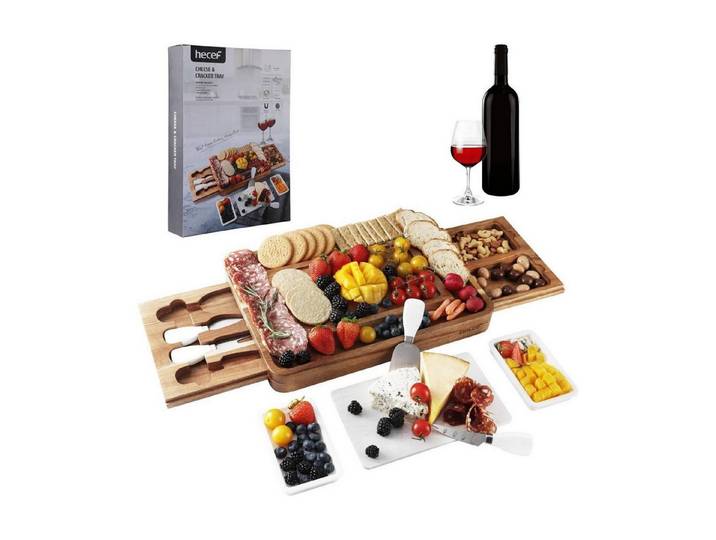LuxusKollektion Servierplatte Käsebrett-Geschenkset 2 Schubladen Marmorplatte Akazie, Holz