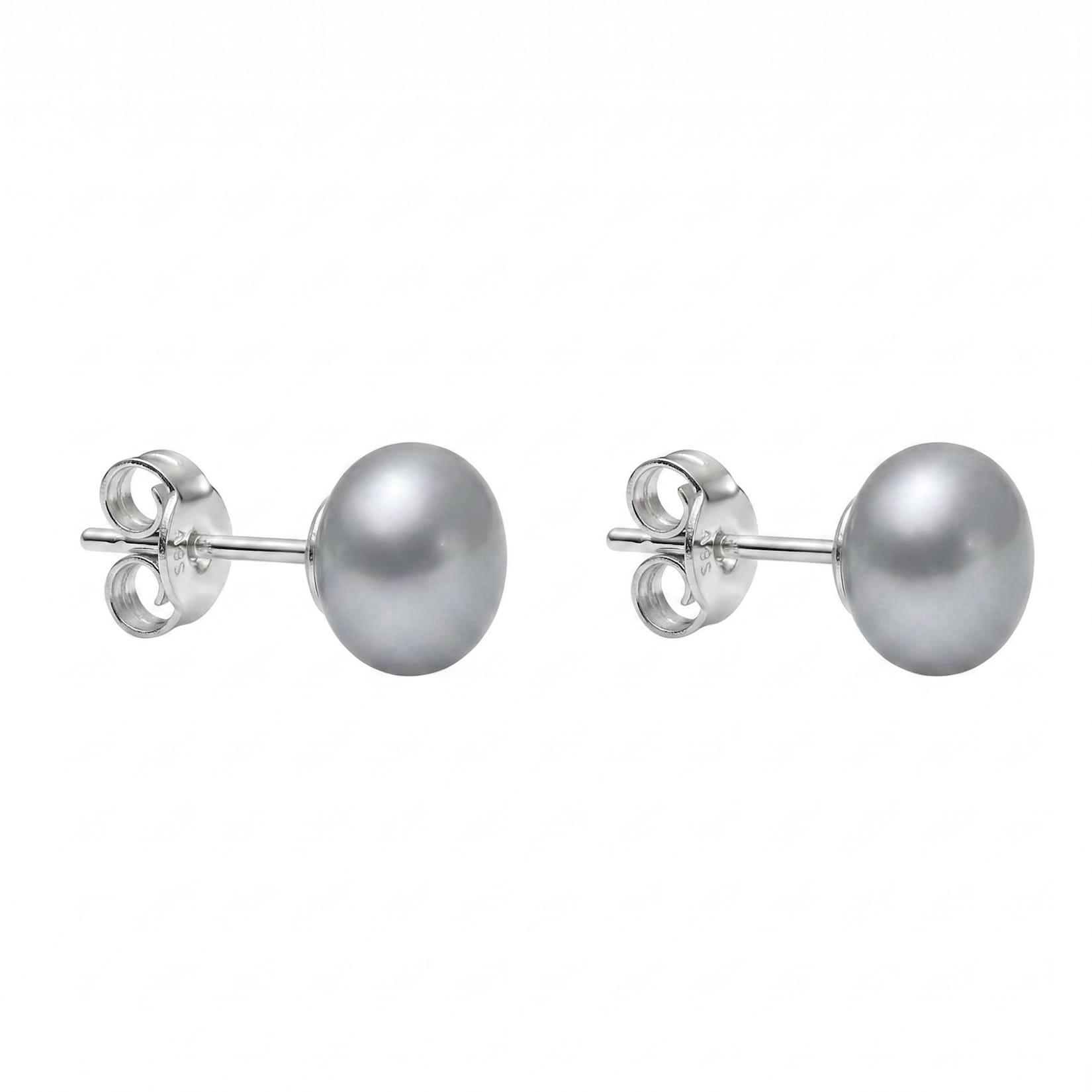 Vallée Ohrstecker 925 Sterling Silber platiniert Glänzend Süßwasserzuchtperle grau button 10-11mm