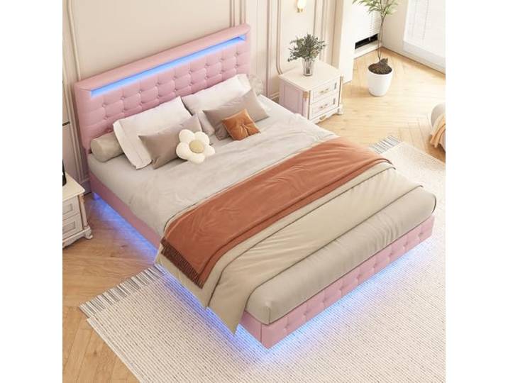Merax Polsterbett 140x200cm mit LED-Umgebungslicht, mit Kopfteil höhenverstellbar und 24-Tasten-Fernbedienung, Federung, PU-Material, geeignet für Erwachsene und Jugendliche, ohne Matratze, Rosa
