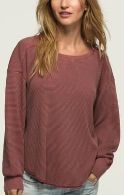 Lucky Brand Waffle Fabric Mix Ls Top - Women's Clothing Tops Tees Shirts in Apple Butter, Size M