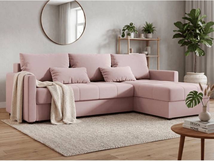 Ausziehbares Ecksofa VENORIA 220x143 cm, puderrosa, beidseitig montierbar + 2 Kissen GRATIS