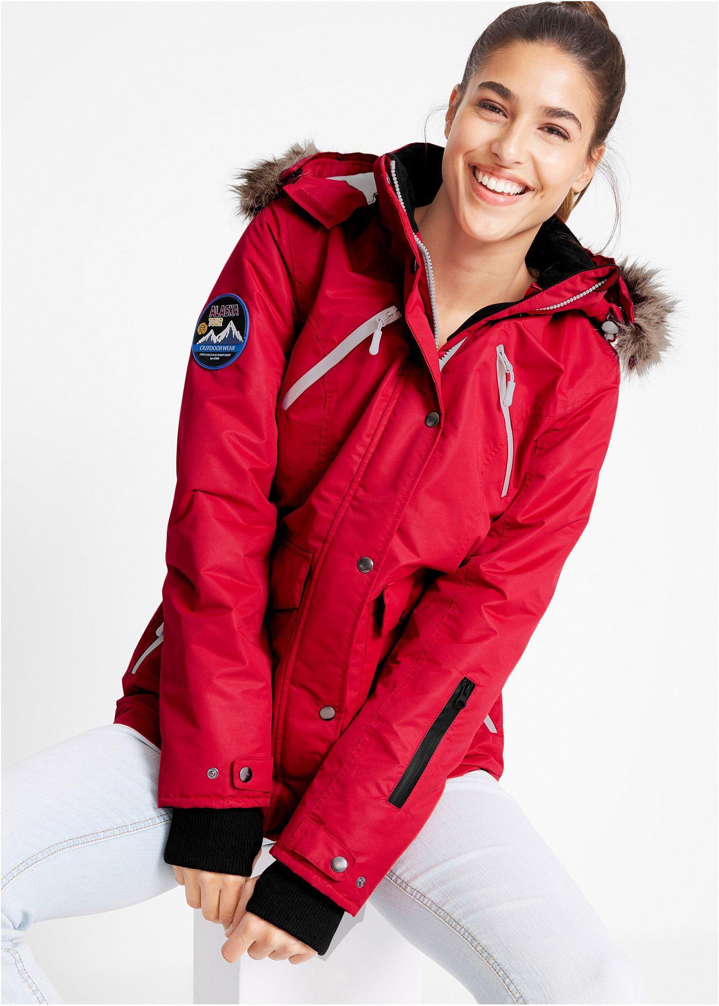 bonprix wasserdichte Funktions-Jacke, rot, Gr.38, Praktische Regenjacke mit abnehmbarer Kapuze sowie abnehmbarem Fellimitat und verschließbaren Taschen