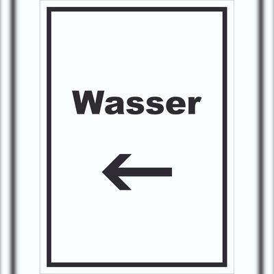 HB-Druck Wasser Schild mit Text und Richtungspfeil links Anschluss hochkant A0 (841x1189mm)