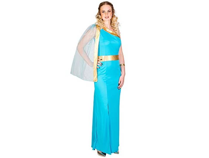 TecTake dressforfun Dameskostuum Griekse koningin Lange, majestueuze jurk Sexy beensplit Betoverende, gouden rand onder de buste (L Nr. 300396)
