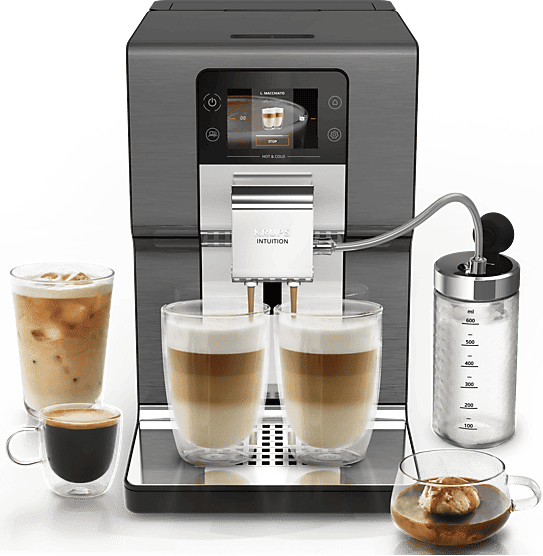 Cafetera superautomática - Krups Intuition Experience Hot&Cold,; Pantalla táctil , 36 Recetas, Jarra de leche, Titanio, 15 bar, 2 tazas, Negro