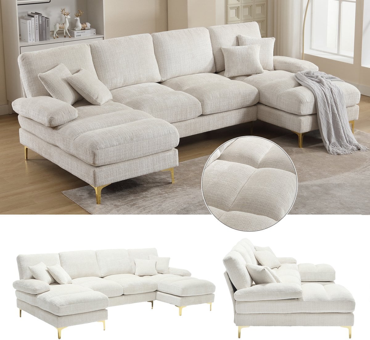 Moderne U-vormige hoekbank in beige chenille met dubbele ligplaats
