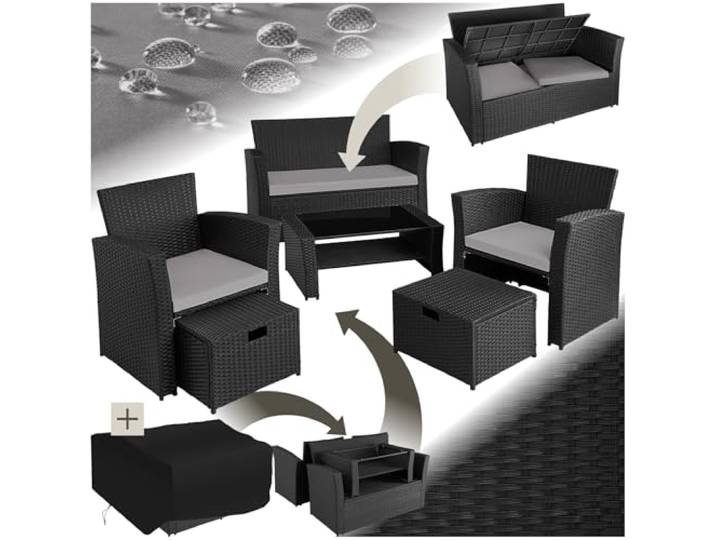 tectake Polyrattan Garten Sitzgruppe für 4 Personen mit Hocker, Rattan Gartenmöbel Set mit eingebauter Auflagenbox in der Sitzbank, Garten und Balkon Möbel - schwarz/grau