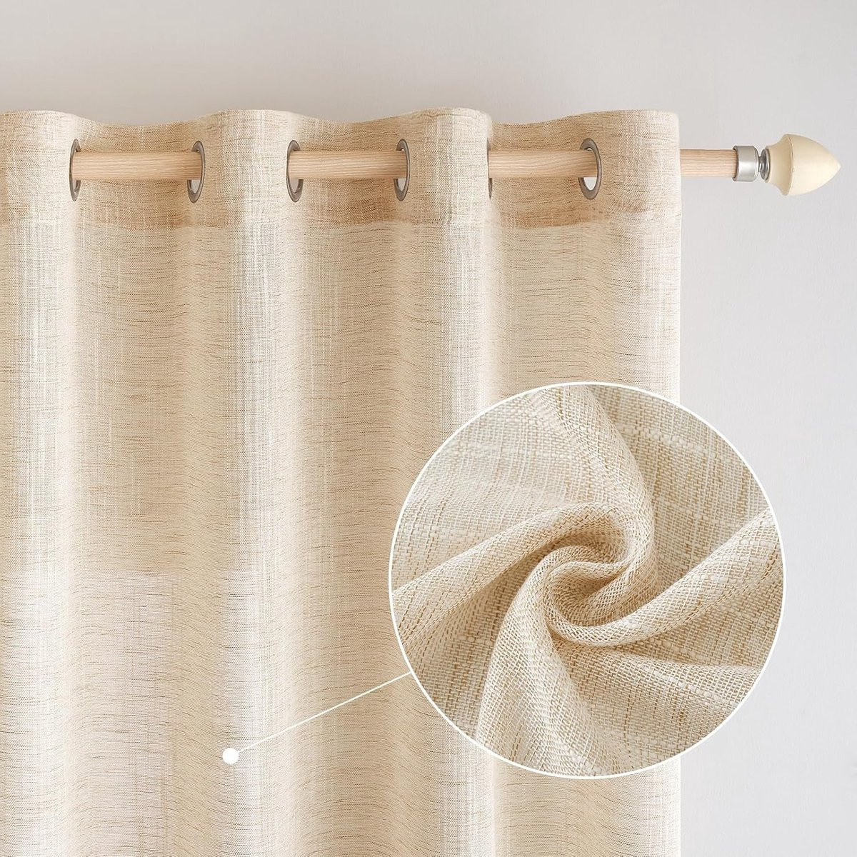 Set van 2 Linnen Look Translucente Gordijnen met Oogjes, Licht Beige, 140 x 260 cm