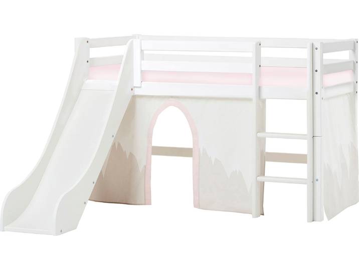 Hochbett HOPPEKIDS «Winter Wonderland» aus Massivholz - langlebig & flexibel umbaubar , weiss (weiß, rosa), B:175cm H:105cm L:168cm, Kiefer massiv, Hochbetten, Hochbett, Zwei Grössen, mit Rutsche, Vorhang & Matratze