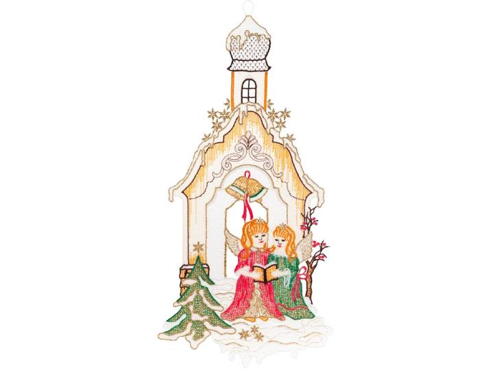 Fensterbild Kapelle mit Engeln Gr. 1, beige (beige, ecru, goldfarben), B:20cm H:41cm, Polyester, W. REUTER & SOHN - PLAUENER SPITZE, Fensterbilder, Fensterbild, Made in Germany