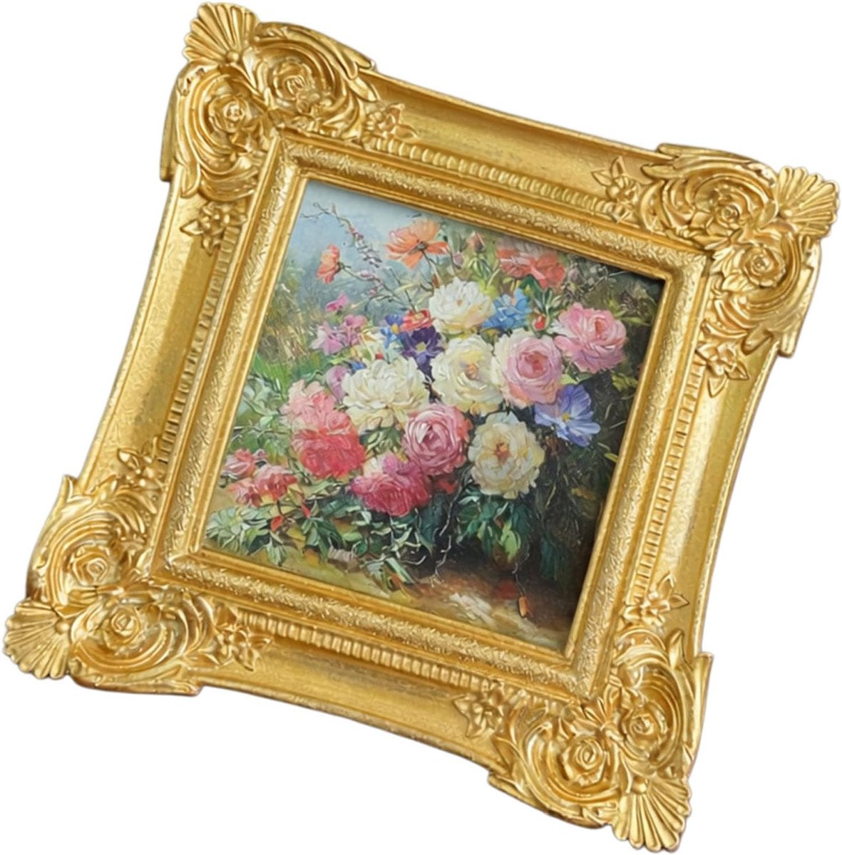 Fotolijst Hars met Sierlijk Bloemenreliëf - Wanddecoratie Frame - Goud - 17x17 cm