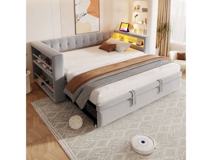 Lit coffre multifonctionnel avec LED et prises convertible en lit 180x190 cm