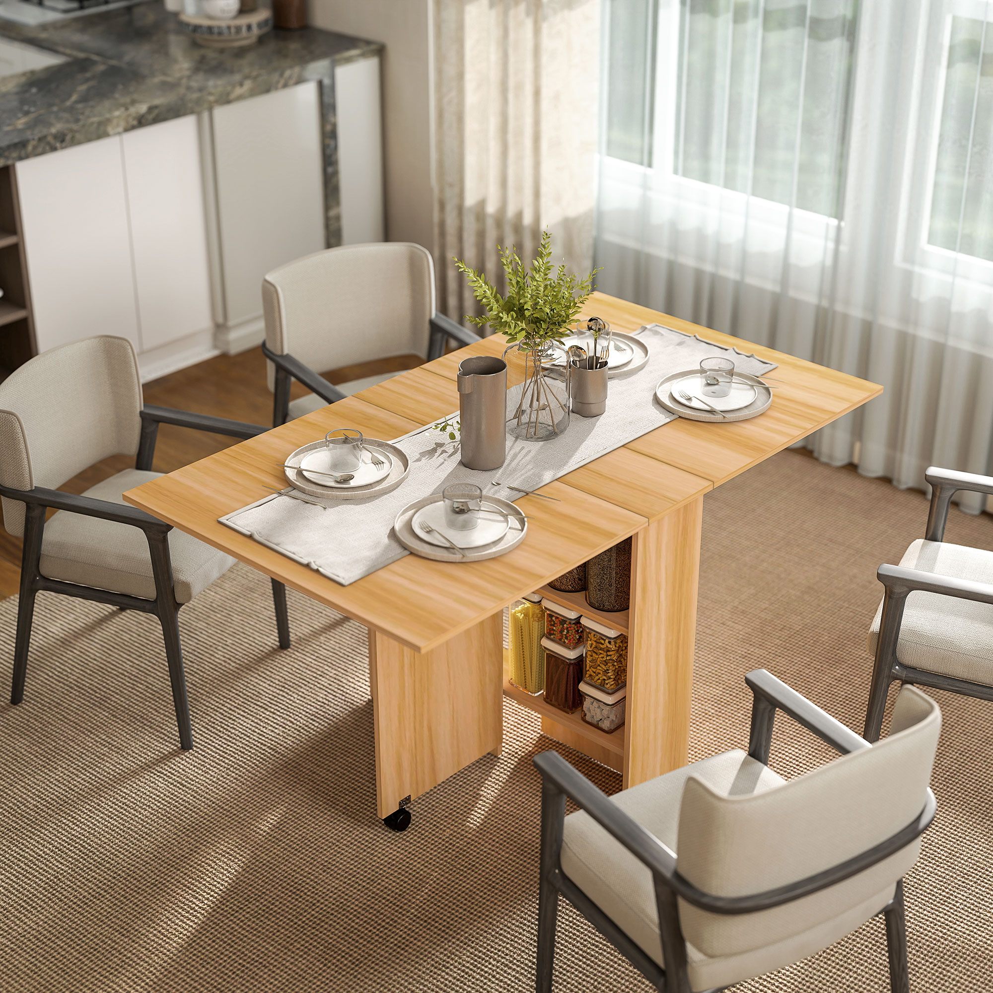 Homcom Tavolo da Pranzo Pieghevole e Moderno con Ripiano, Tavolo da Cucina e Sala da Pranzo, 140x80x74cm, Color Legno Aosom