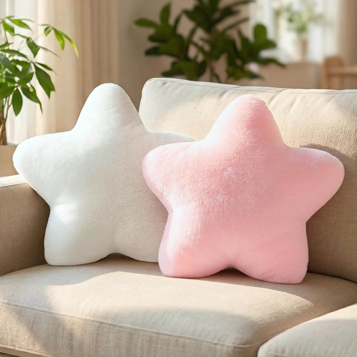 Set van 2 Pluche Stervormige Sierkussens - Roze & Wit