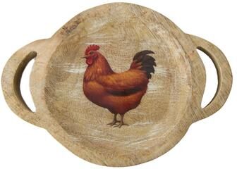 IH Casa Decor Mango Wood Enamel-Coated Round Tray Rooster Print