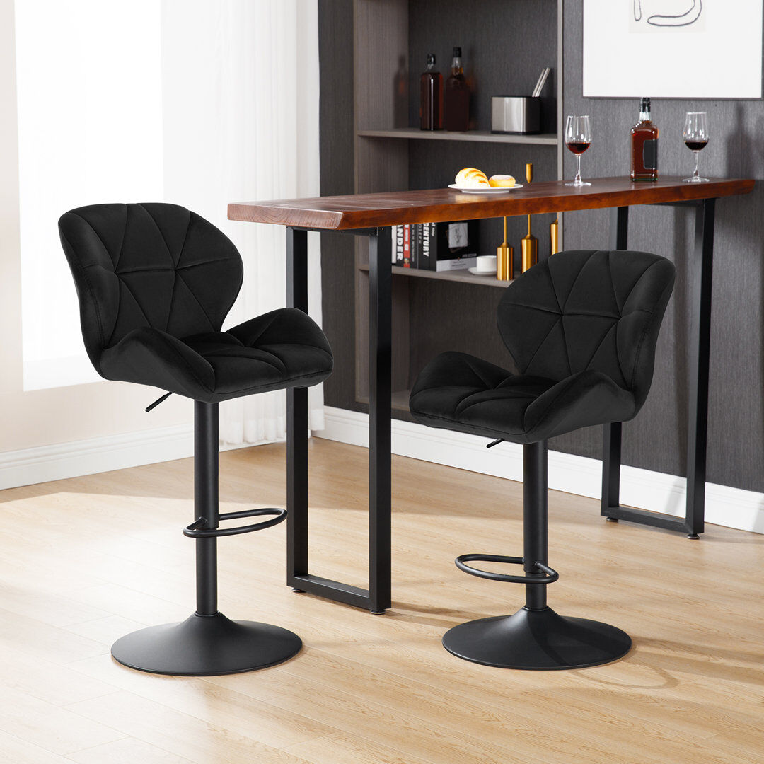 Ebern Designs Dequavious Swivel Yes Upholstered Velvet Yes Bar Stool with Steel Frame Black 1