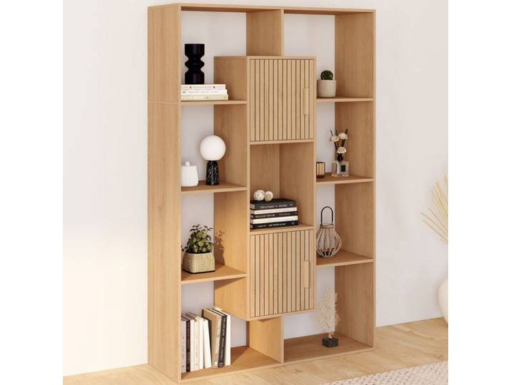 Bibliothèque IDMARKET COLETTE avec étagères 11 compartiments et 2 cases JULIETTE effet lattes 143cm