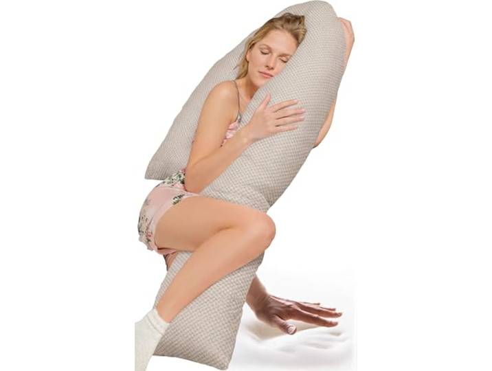 Traumreiter Seitenschläferkissen Visco J Form Wendekissen mit Memory Foam Stütze [orthopädisch] Schwangerschaftskissen zum Schlafen Stillkissen XXL Kissen, Komfortkissen mit Bezug Leinen farbig Deluxe