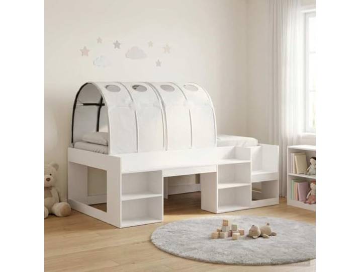 RJPLMFV Bett mit Regal und Regal, 3-teilig, Weiß Holzwerkstoff, fester Lattenrahmen, integrierte Aufbewahrung, modernes Design