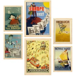 POSTER Set Mit 6 Europa Vollfarbige Illustrationen Von Vintage Tourismus Werbetafeln Aus Der Ganzen Welt A3 & A4 Rahmen Aus Hellem Holz