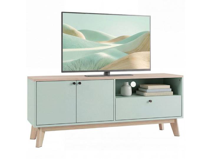 Meuble TV - HOMCOM - pour téléviseur 36 pouces - 2 portes tiroir compartiment ouvert - MDF - 120 x 35 x 50 cm - vert clair