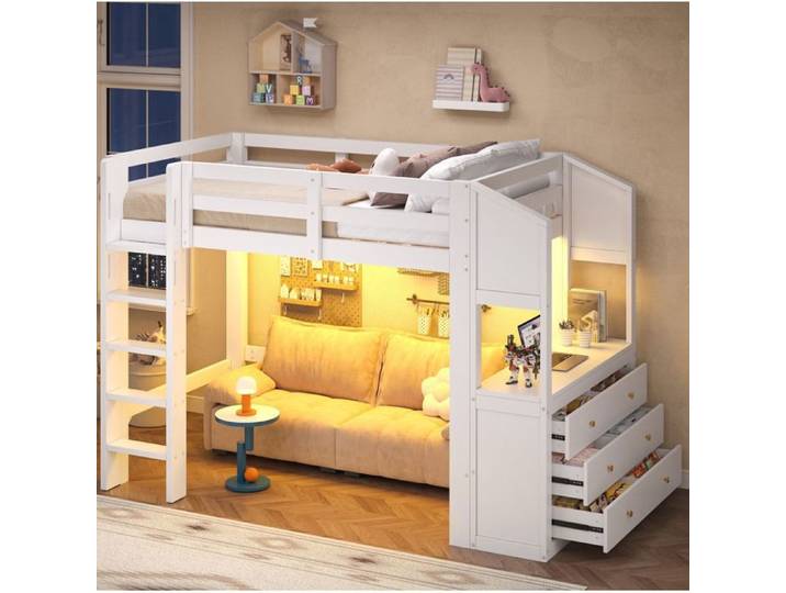 MEUBLIV Lit mezzanine 90x200 cm blanc avec 3 tiroirs étagères LED pin et MDF
