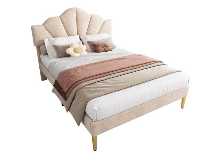 Flieks Polsterbett 140x200 Muschelform Kopfteil Höhenverstellbar Samt Beige, 140x200 cm, Schlafzimmer, Betten, Polsterbetten