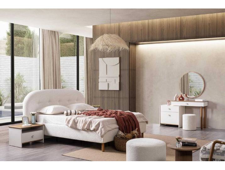 JVmoebel Schlafzimmer-Set Bett Nachttisch Schminktisch Spiegel Hocker Stil modern Farbe weiß, (6-tlg)