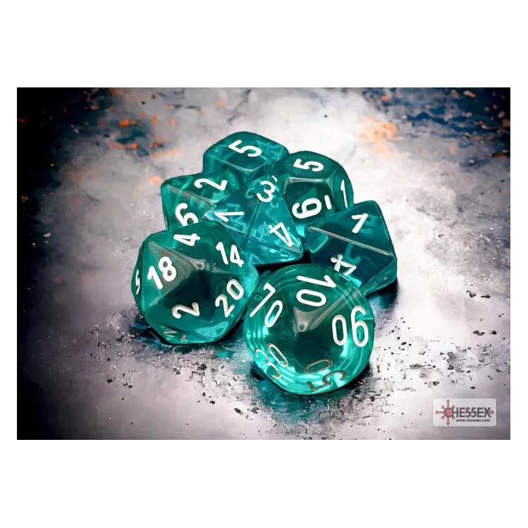 Chessex RPG-Würfelset: Durchscheinend - Vielseitig - Blaugrün/Weiss (7) (CHX23085-601982009984)