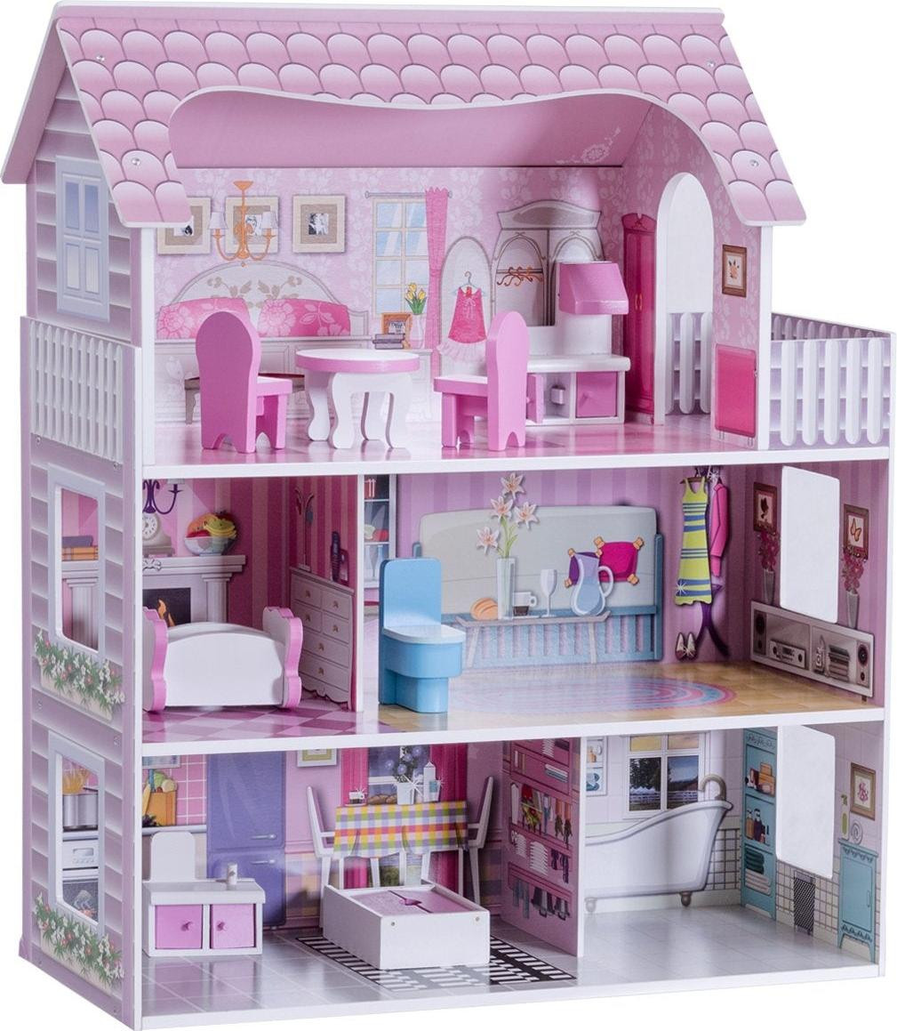 Northio Drielagens houten poppenhuis in villa-stijl met meubels en accessoires, roze