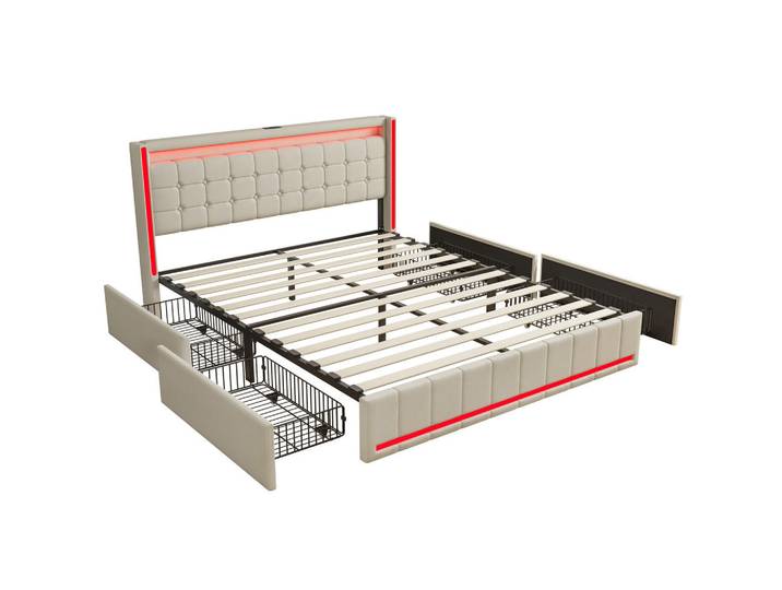 Polsterbett 140x190 cm, Beige, LED-Beleuchtung, Mode, 140x190 cm, Schlafzimmer, Betten, Polsterbetten