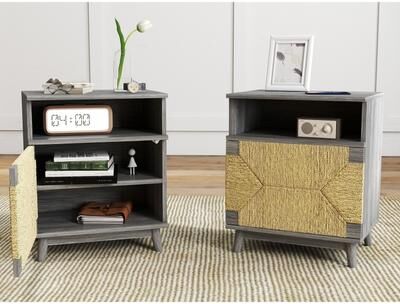 Kodotan sofa 2-Pack Mid Century Nightstands, with Handmade Paper Rope Woven Push-to-Open Door, Open Cubby & Adjustable Storage Cabinet