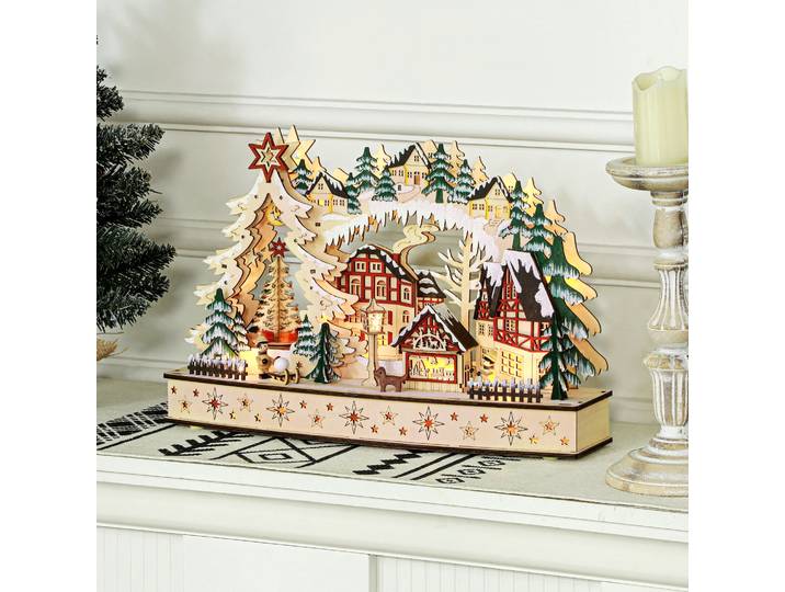 HOMCOM Village de Noël Bois Animé LED Paysage Enneigé 45cm