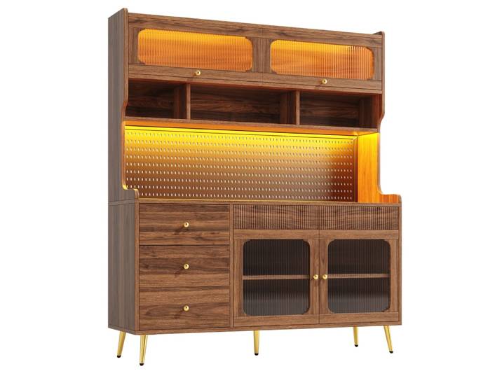 Vaisselier de cuisine effet noyer verre cannelé 2 portes avec LED