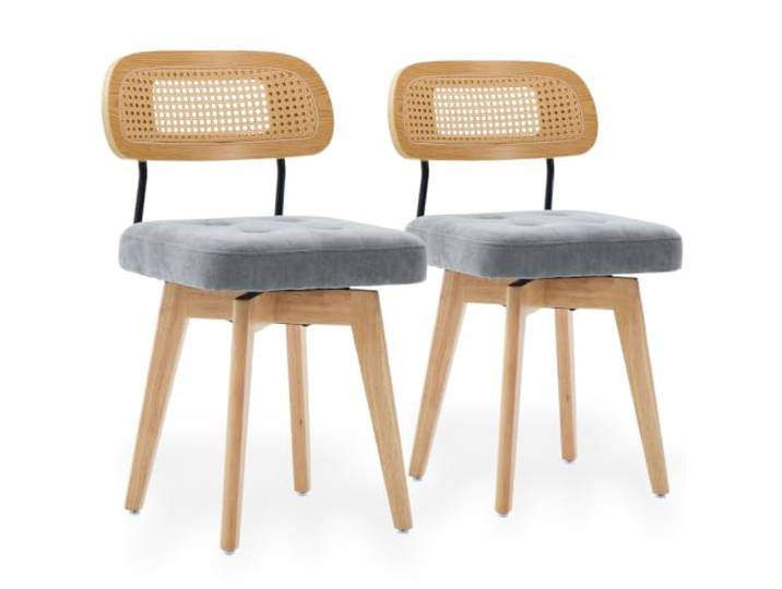 SEEDWAVE 2er-Set Drehbare Esszimmerstühle mit Rattangeflecht-Lehnen Gepolsterte Chenille-Sitze mit Holzbeinen für Esszimmer, Küche, Schlafzimmer und Schminkbereich
