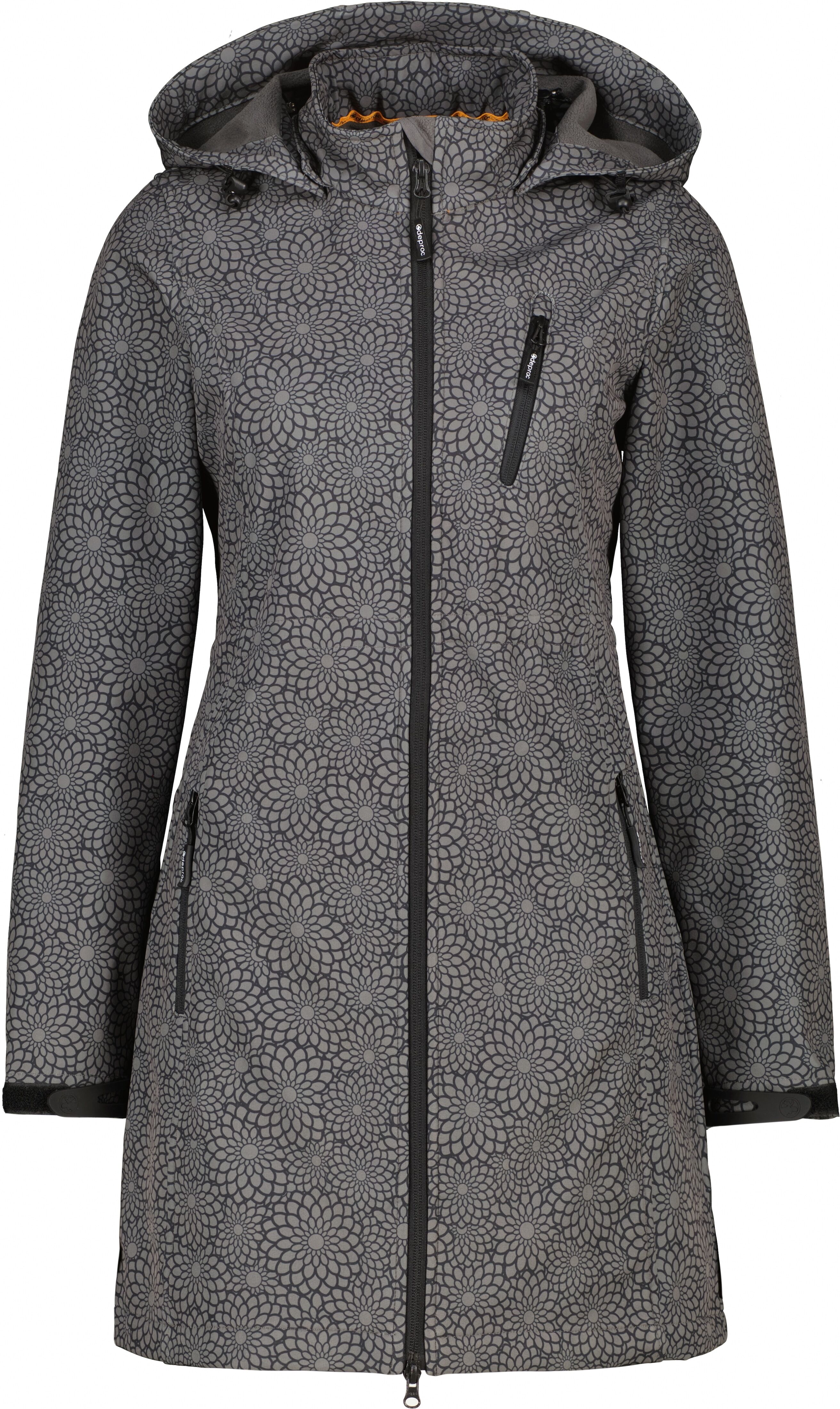 Softshelljacke DEPROC ACTIVE "SHELBY LONG", Damen, Gr. 44L, schwarz, Softshell, 100% Polyester, tailliert ca. Mitte Oberschenkel, hoch geschlossener Ausschnitt, eingesetzt gerader Abschluss mit Klettverschlüssen, Jacken Softshelljacke, leichter Softshell 