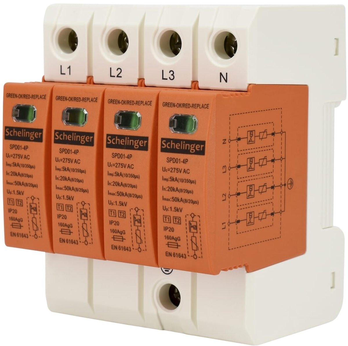 Schelinger A51-SPD01-4P-B+C CCS Overspanningsbeveiliging 4-polig T1+T2 (B+C) 275V AC 50kA DIN-rail IP20