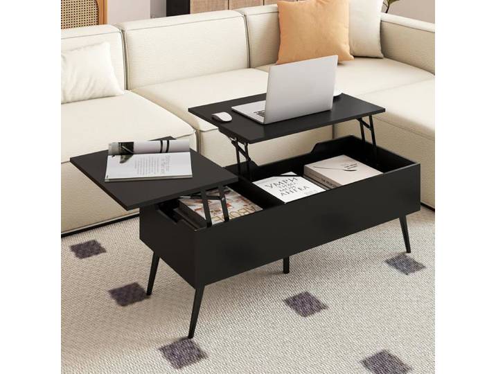 COSTWAY Table Basse Relevable 40-53 5 cm 2 Compartiments de Rangement Dissimulés Pieds en Métal Table Basse Salon Noir