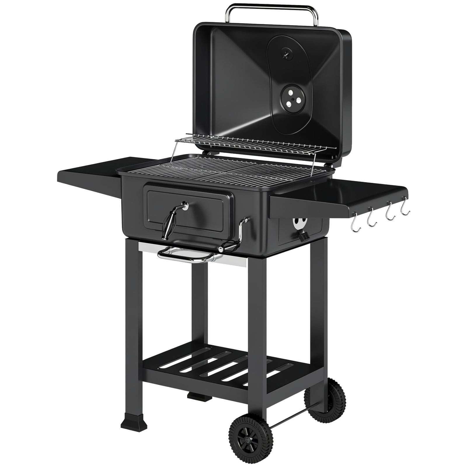 Outsunny Houtskoolbarbecue BBQ Smoker met deksel, thermometer, verstelbare kolenbak, grillrooster, zijtafel en aslade