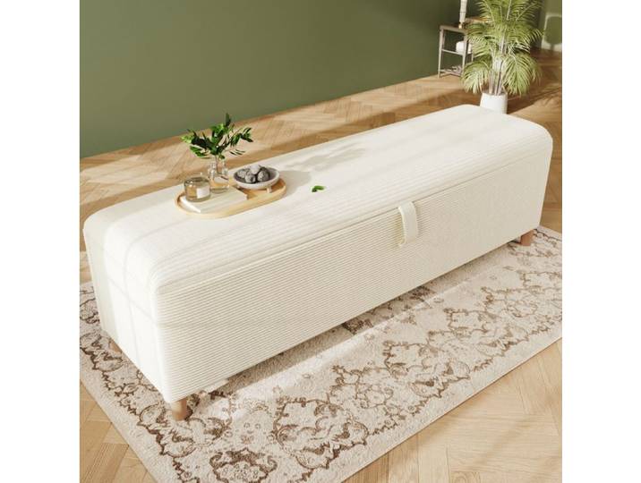 Bout de Lit Banc Coffre 145 cm Rangement Hydraulique - YEAVIO - Pieds en Bois Massif Tissu Côtelé Beige 145 × 38 cm