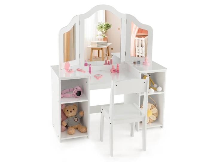 2-In-1 Make-Uptafel voor Kinderen Bureau met Stoel en Afneembare Spiegel Kaptafel voor Meisjes met Vakken Make-Upcommode (Wit)