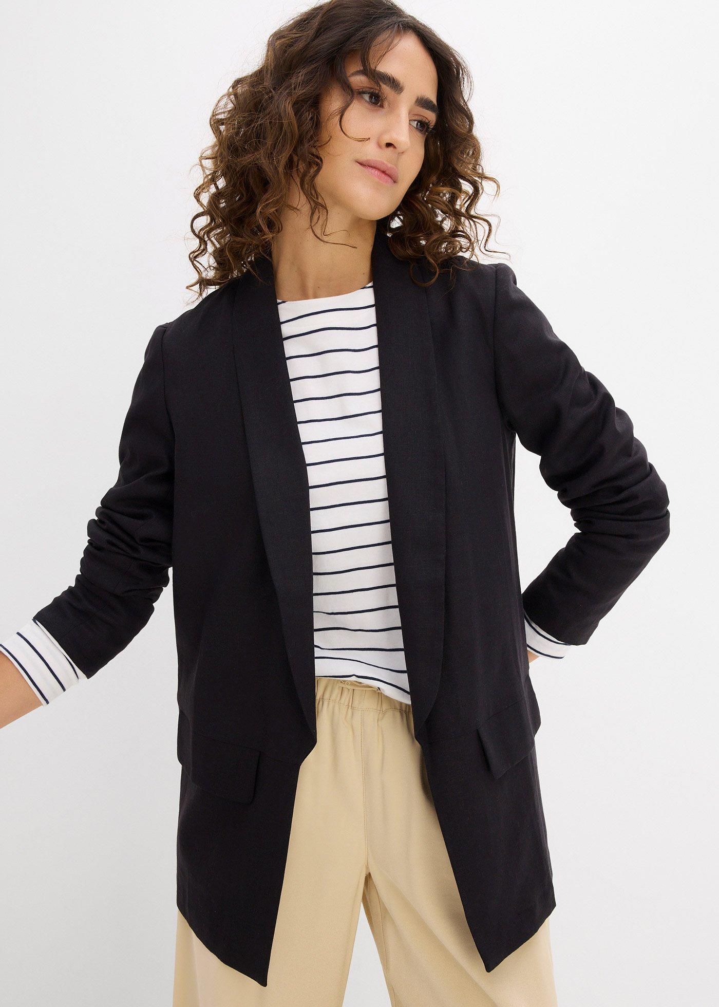 bonprix Weit geschnittener Blazer aus Leinen-Viskose-Mix, schwarz, Gr.54, Weit geschnittener Blazer mit Schalkragen, aus Leinen,Viskose