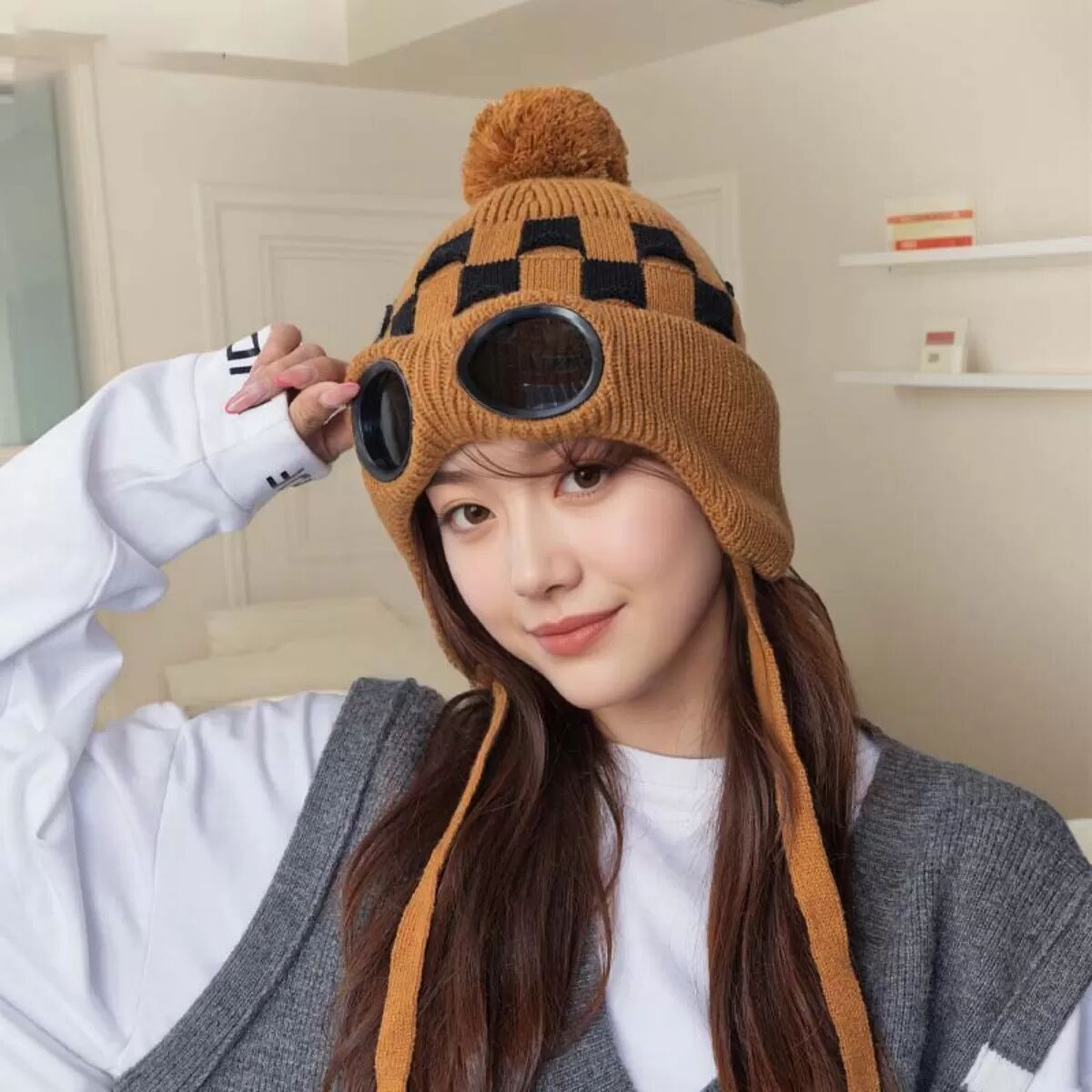 INF Bonnet d'hiver doublé polaire avec lunettes - Chaud bonnet tricoté pour femmes Kaki